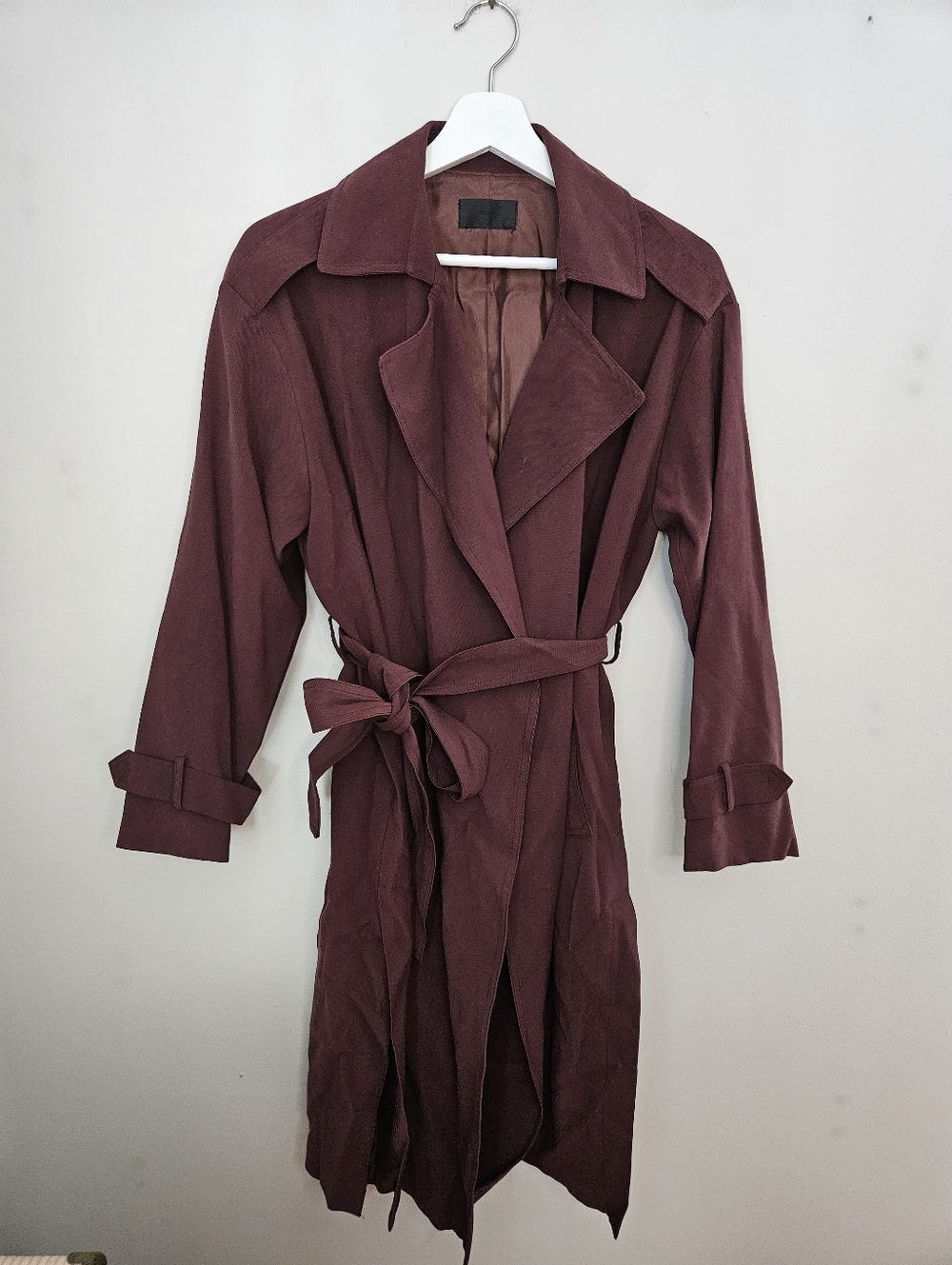 Indibrand Burgundy Tie-Waist Duster Long Jacket Korean Open Front Spring Light